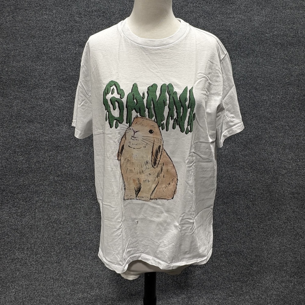 Ganni Shirt Womens XL White Bunny Graphic Logo Crew Neck Organic Cotton Tee Top